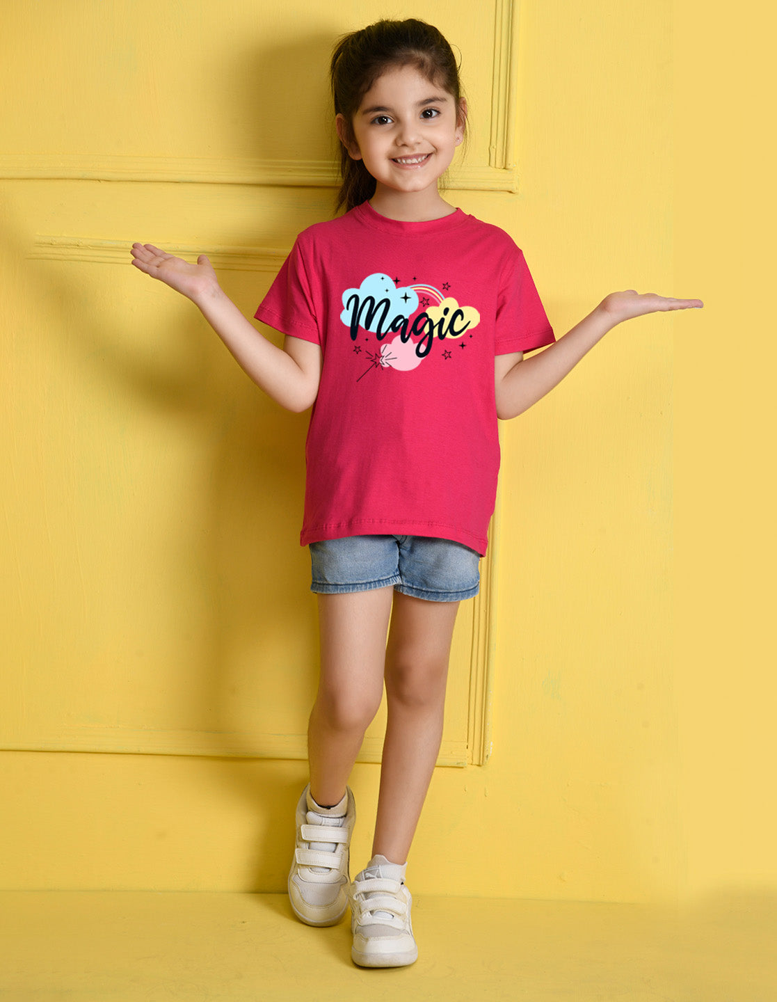 Nusyl Girls Hot Pink Magic Printed Half Sleeves T-Shirt