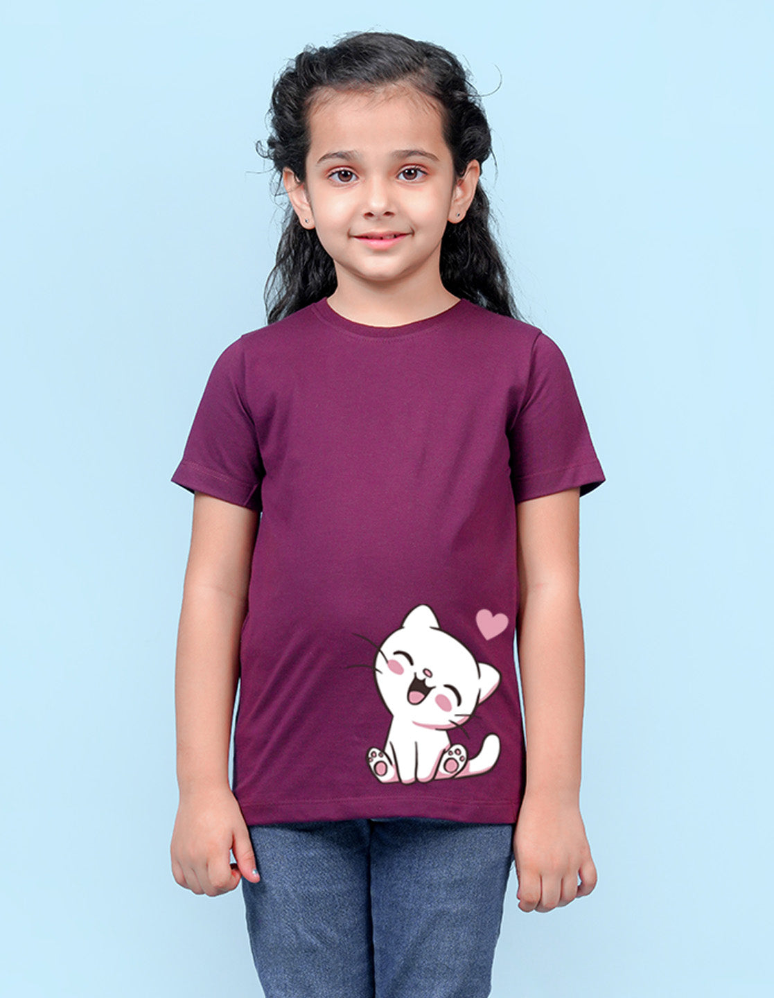 Nusyl Girls Wine Colour Cat Printed T-Shirt