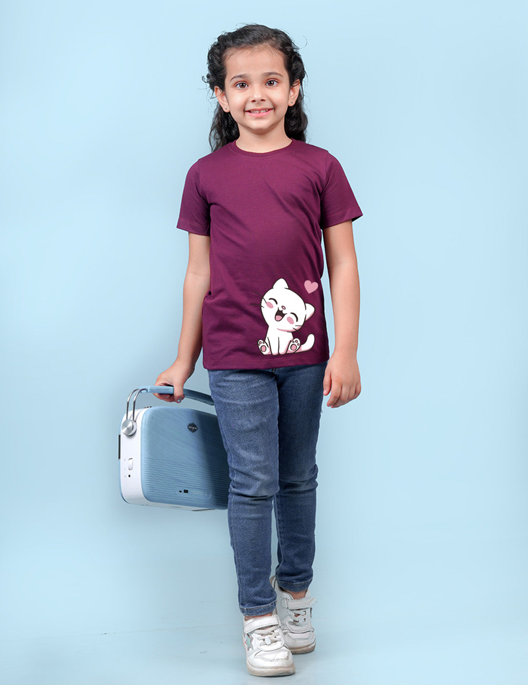 Nusyl Girls Wine Colour Cat Printed T-Shirt