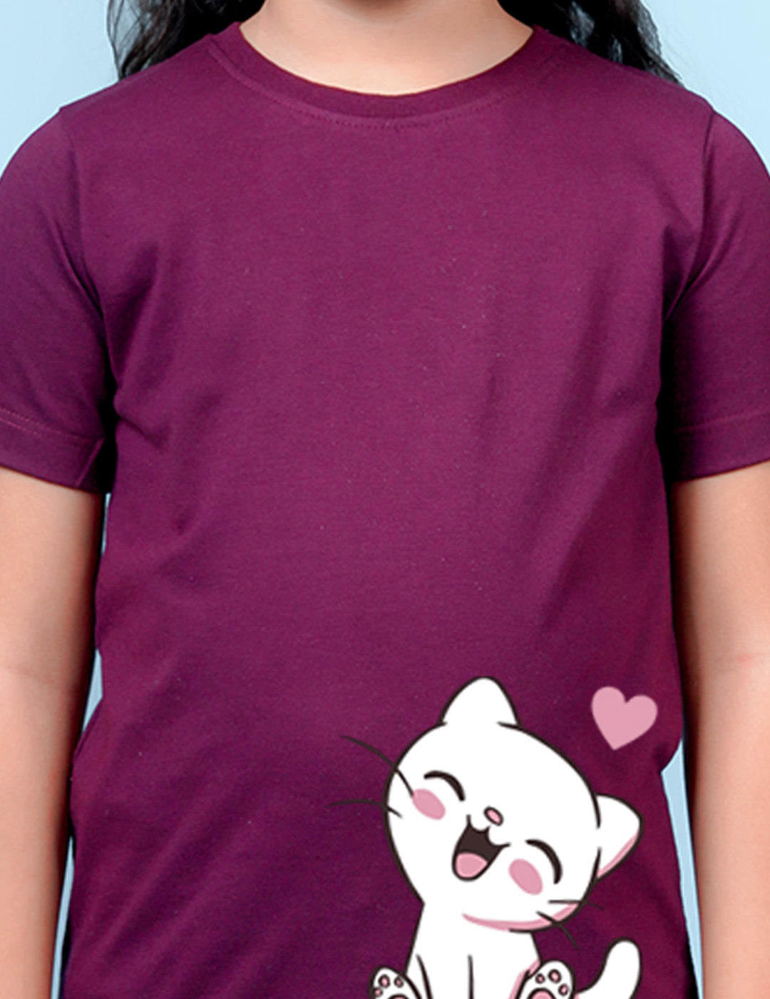 Nusyl Girls Wine Colour Cat Printed T-Shirt