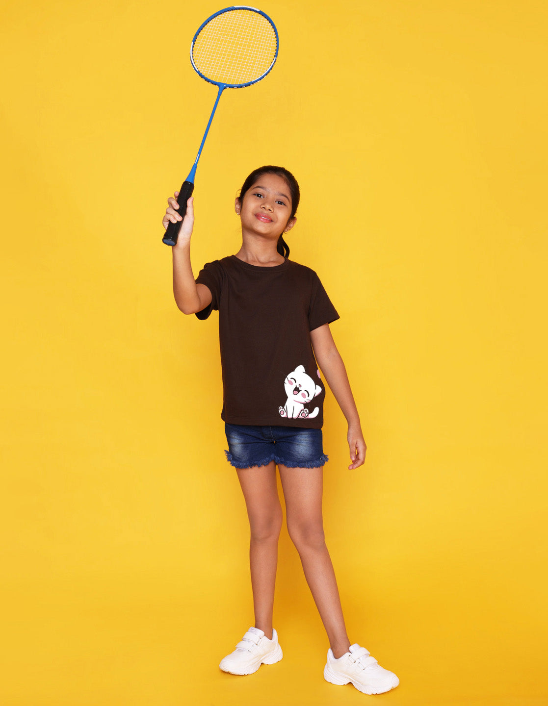 Nusyl Girls Brown Cat Printed Half Sleeves T-Shirt