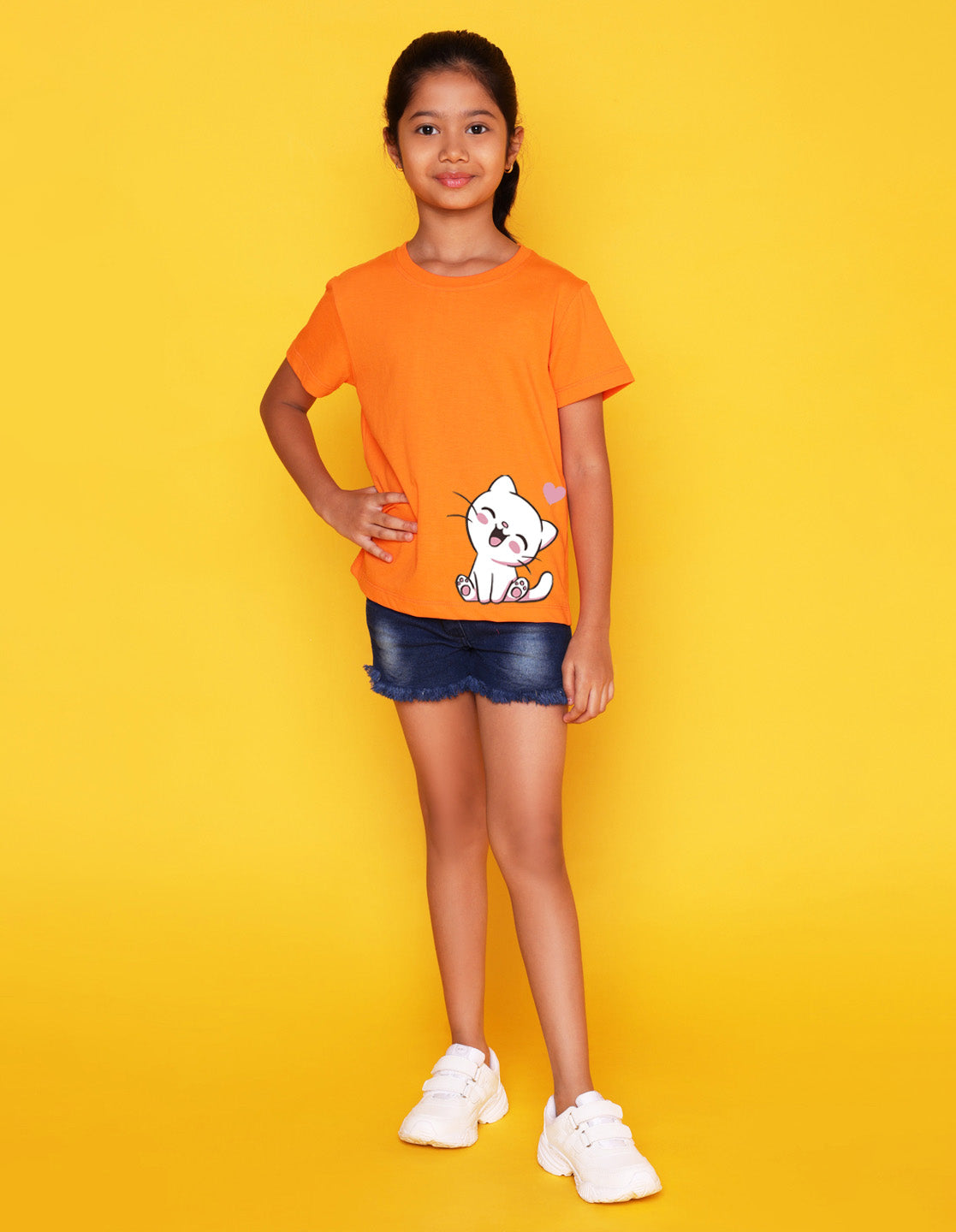Nusyl Girls Orange Cat Printed Half Sleeves T-Shirt