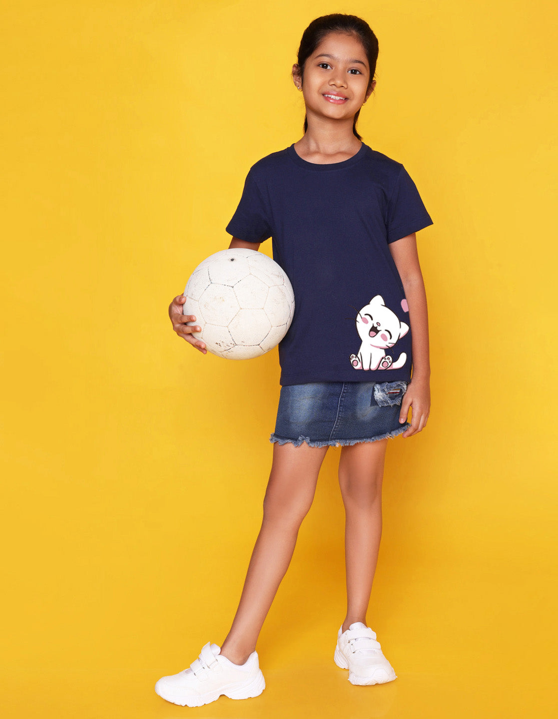 Nusyl Girls Navy Blue Cat Printed Half Sleeves T-Shirt