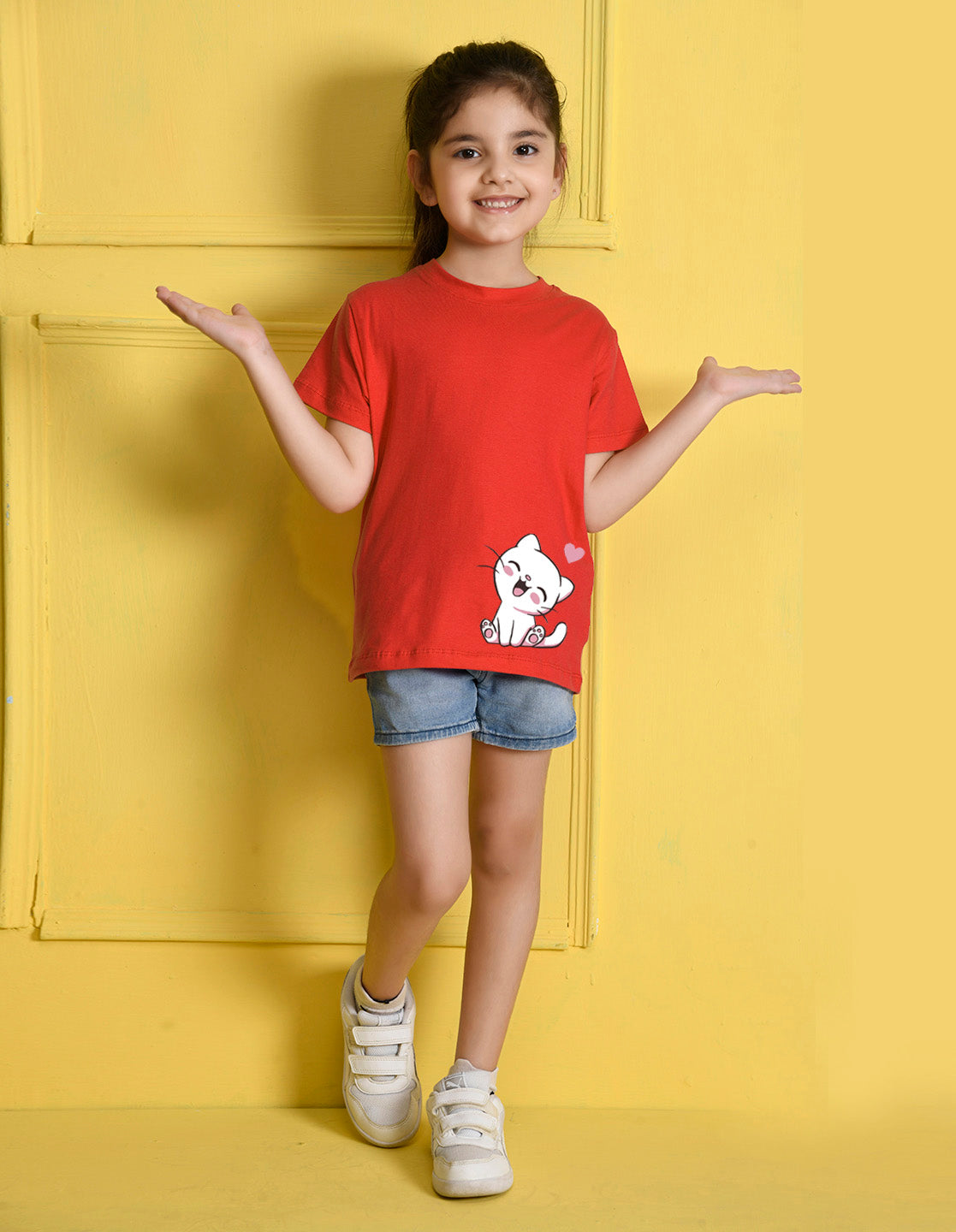 NUSYL Girls Red Cute Cat Printed Half sleeve t-Shirt