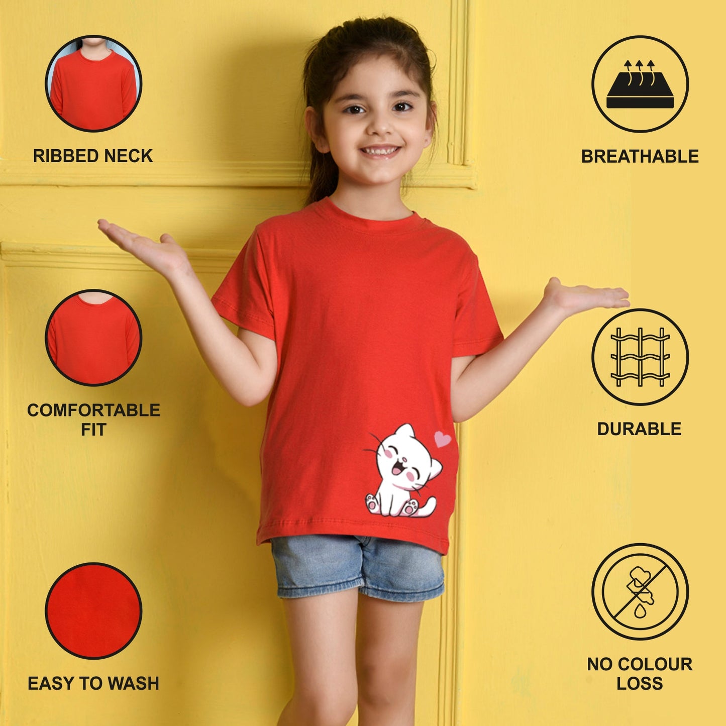 NUSYL Girls Red Cute Cat Printed Half sleeve t-Shirt