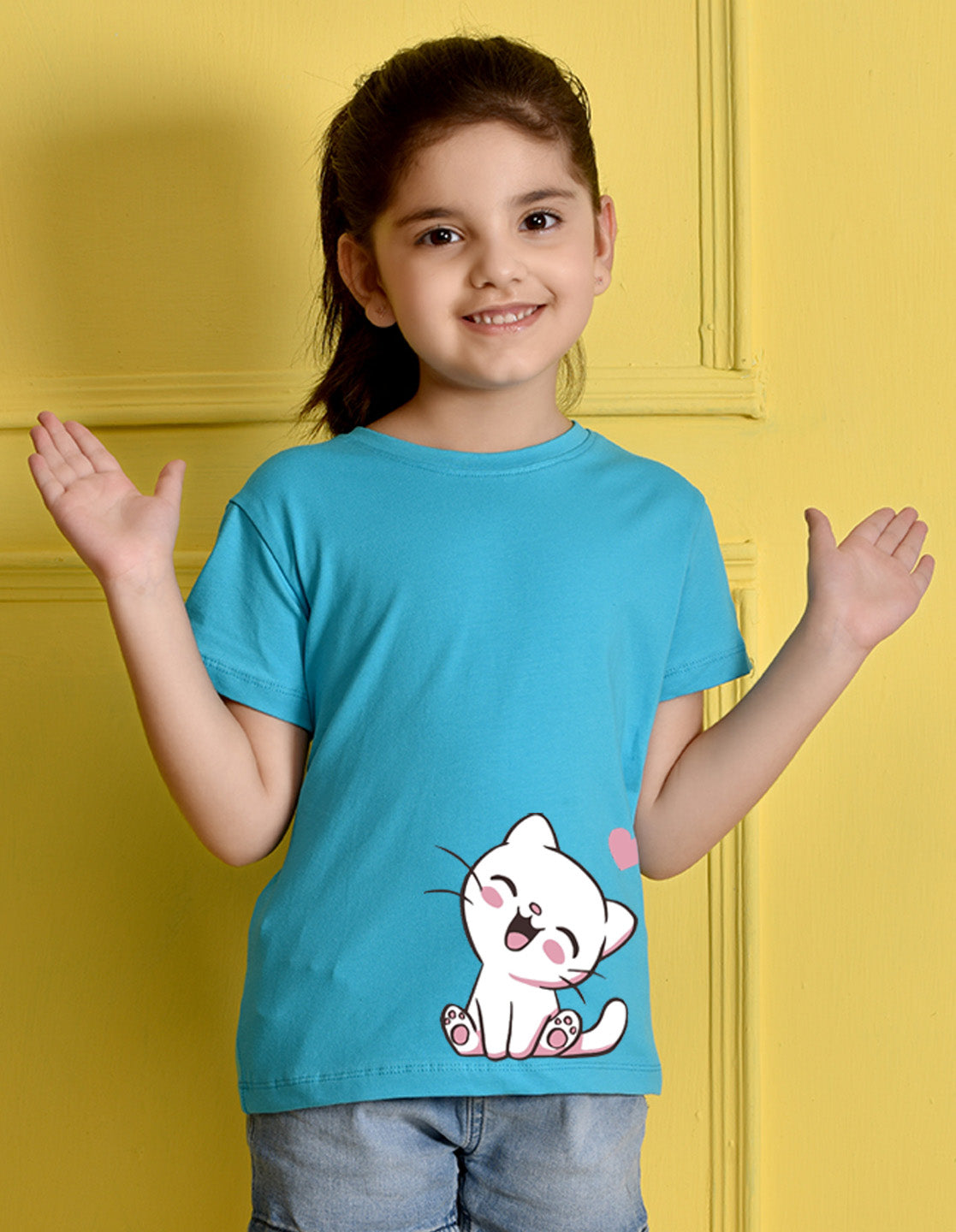 Nusyl Girls Sky Blue Cat Printed Half Sleeves T-Shirt
