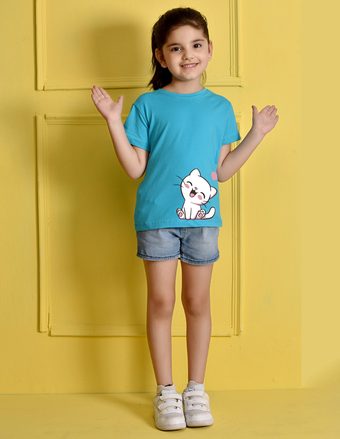 Nusyl Girls Sky Blue Cat Printed Half Sleeves T-Shirt
