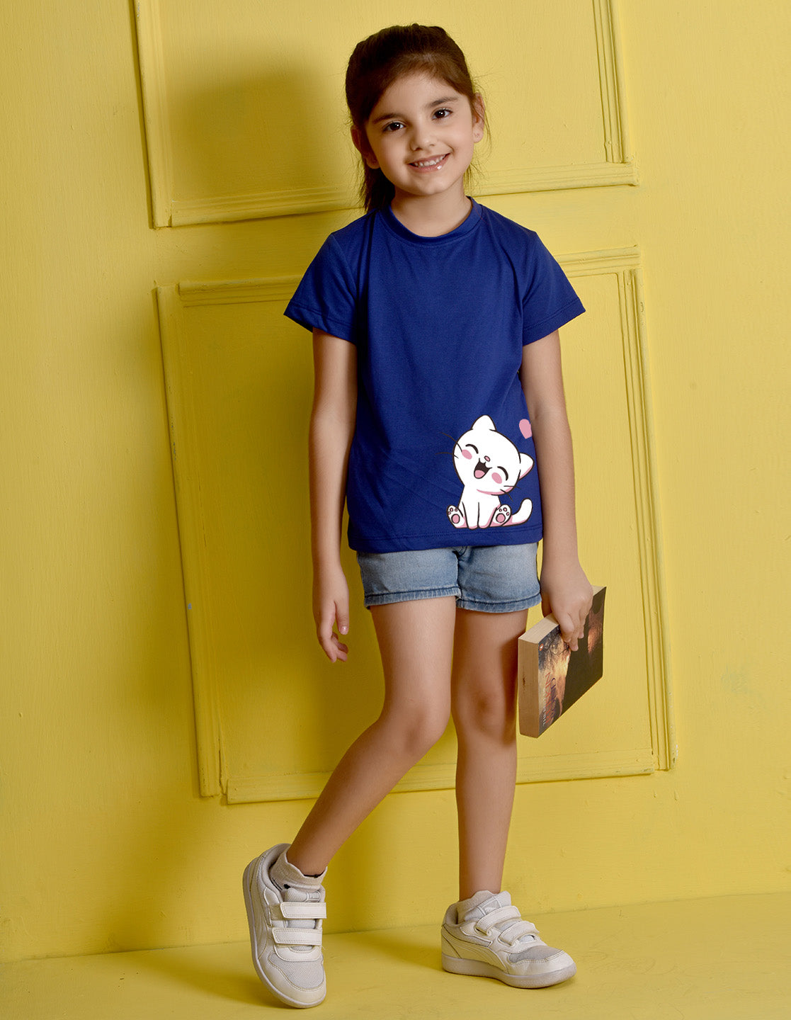 NUSYL Girls Royal Blue Cute Cat Printed Half sleeve t-Shirt