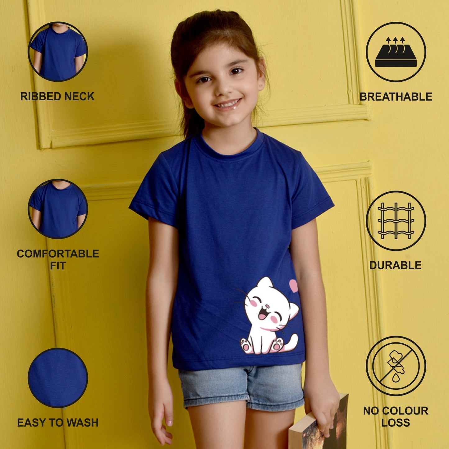 NUSYL Girls Royal Blue Cute Cat Printed Half sleeve t-Shirt