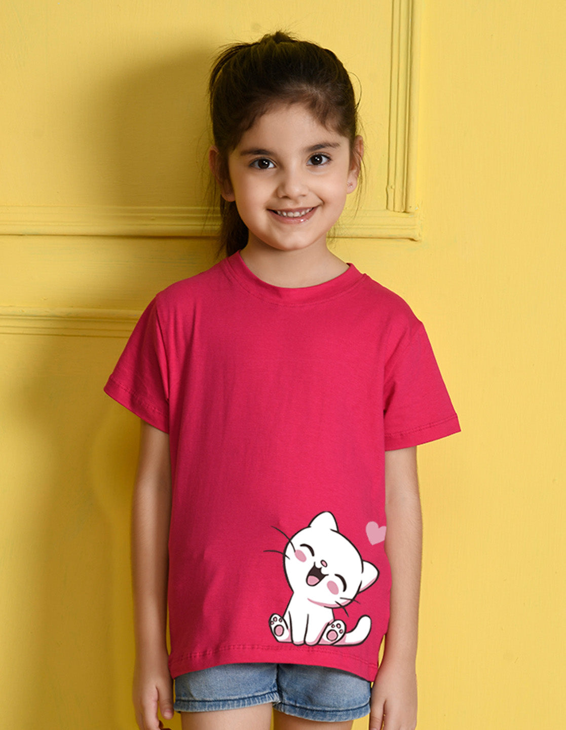 Nusyl Girls Hot Pink Cat Printed Half Sleeves T-Shirt