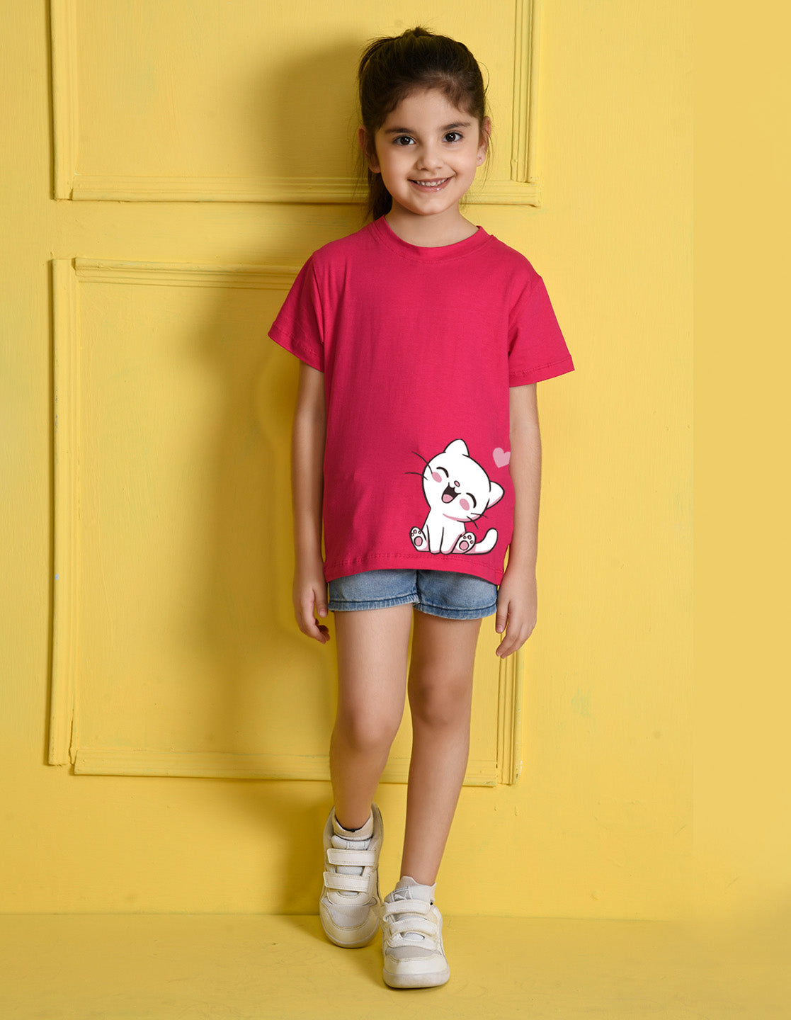 Nusyl Girls Hot Pink Cat Printed Half Sleeves T-Shirt