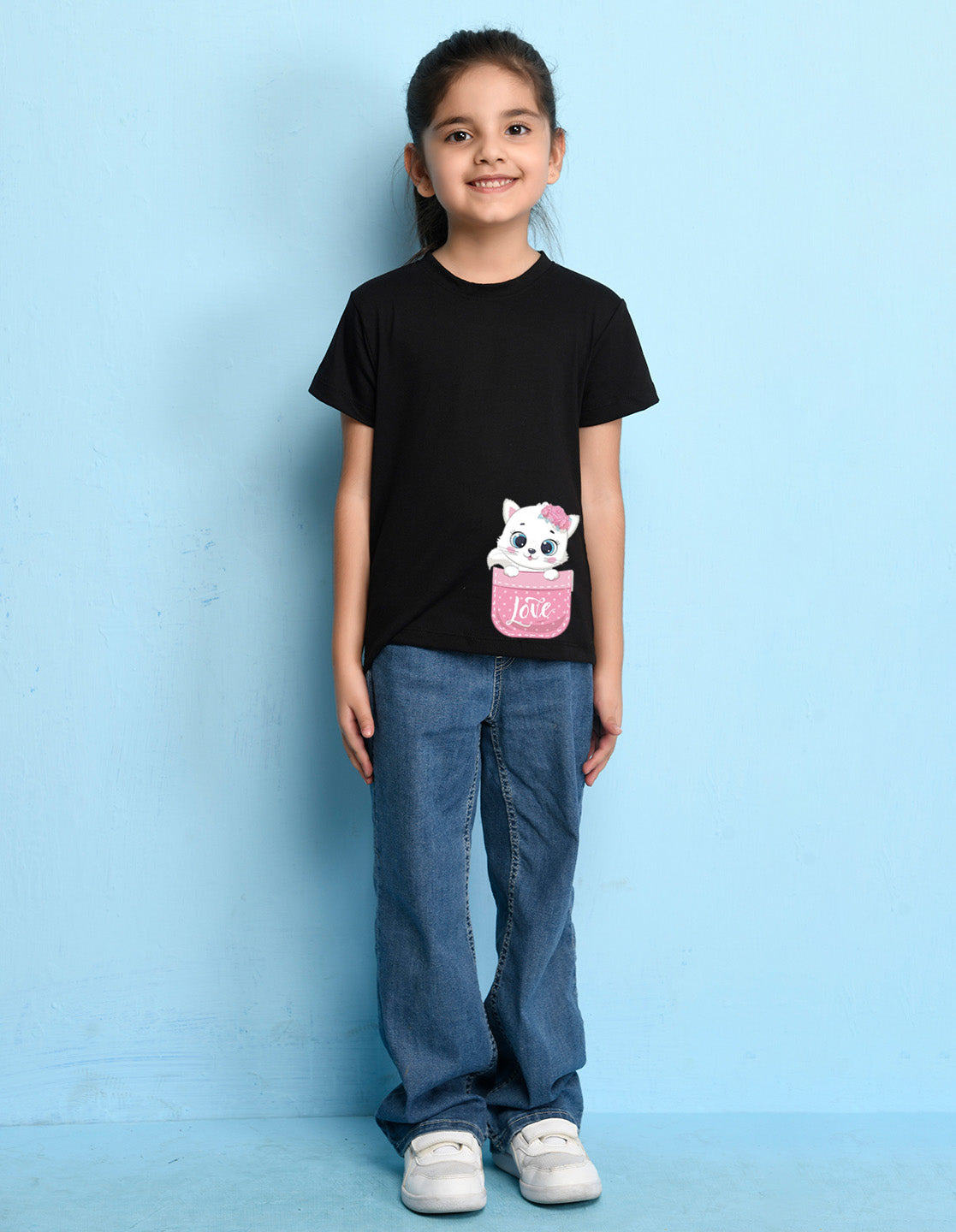 Nusyl Girls Black Cat & Text Printed Half Sleeves T-Shirt