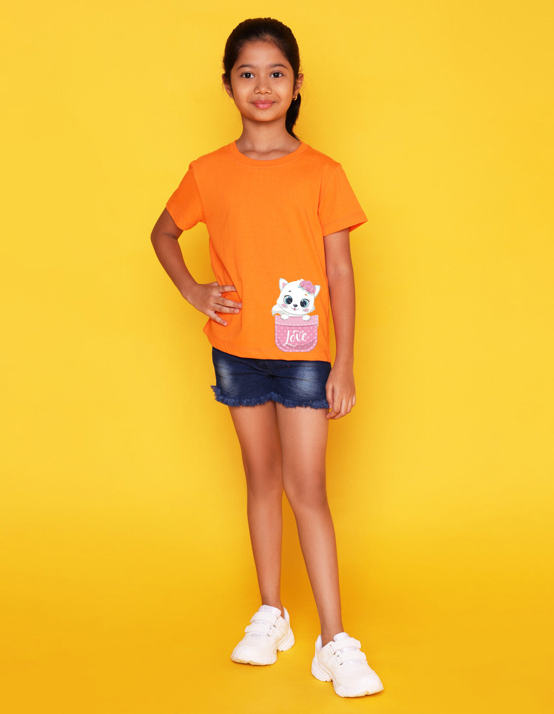 Nusyl Girls Orange Cat & Text Printed Half Sleeves T-Shirt