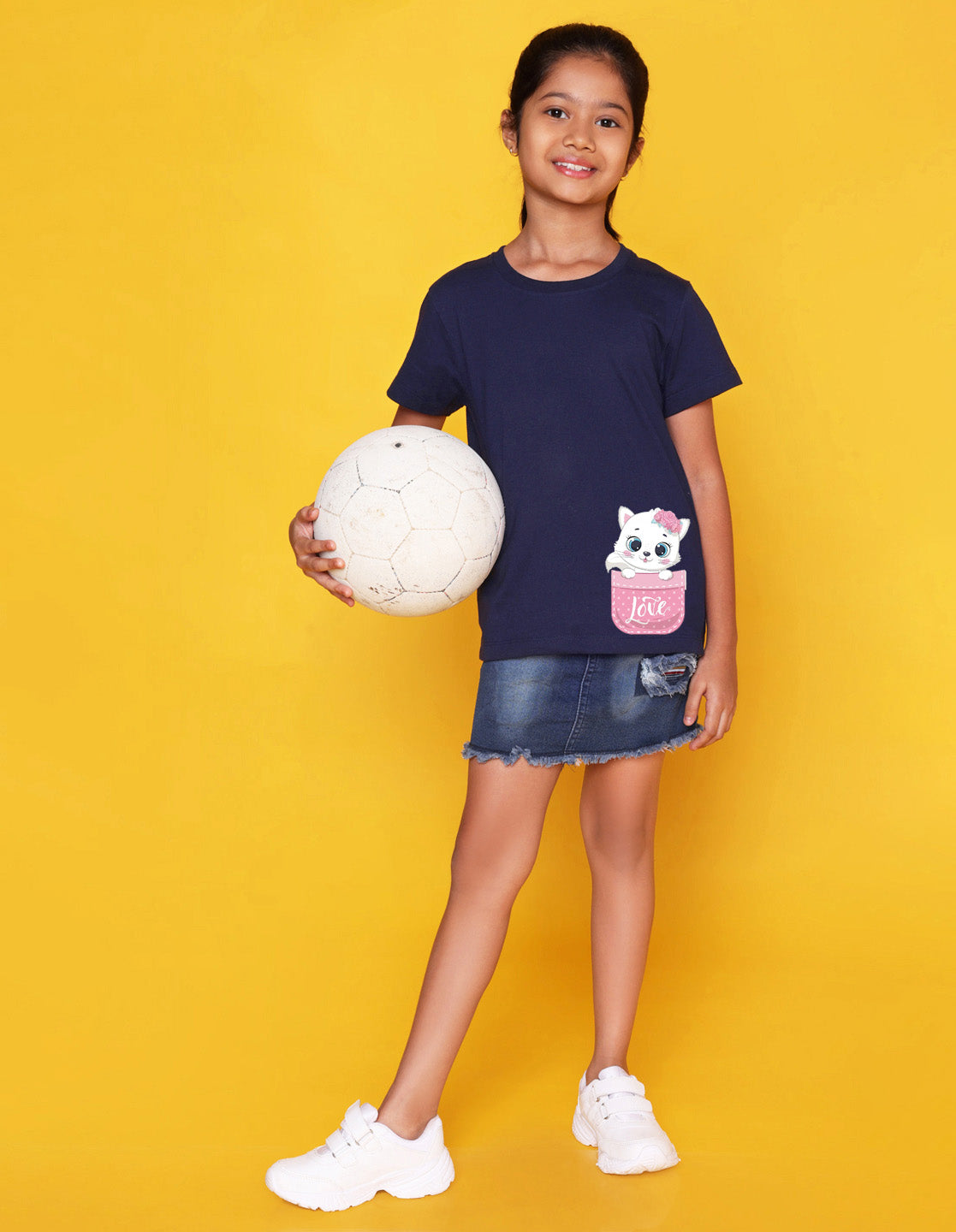 Nusyl Girls Navy Blue Cat & Text Printed Half Sleeves T-Shirt
