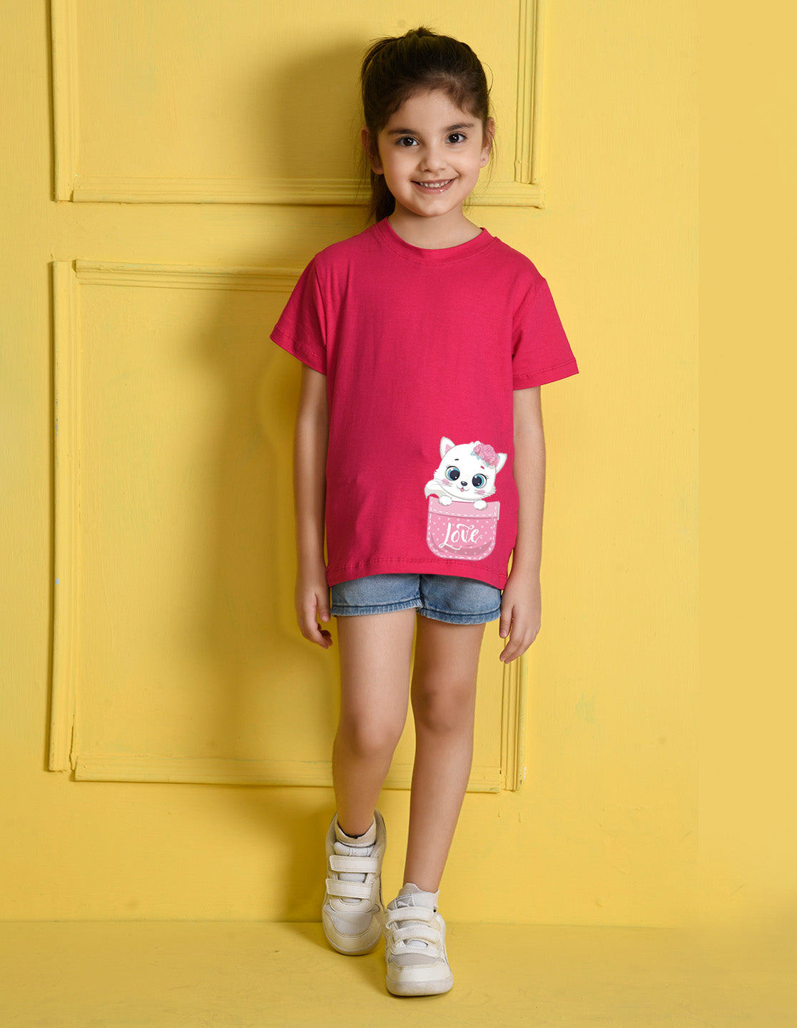 Nusyl Girls Hot Pink Cat & Text Printed Half Sleeves T-Shirt