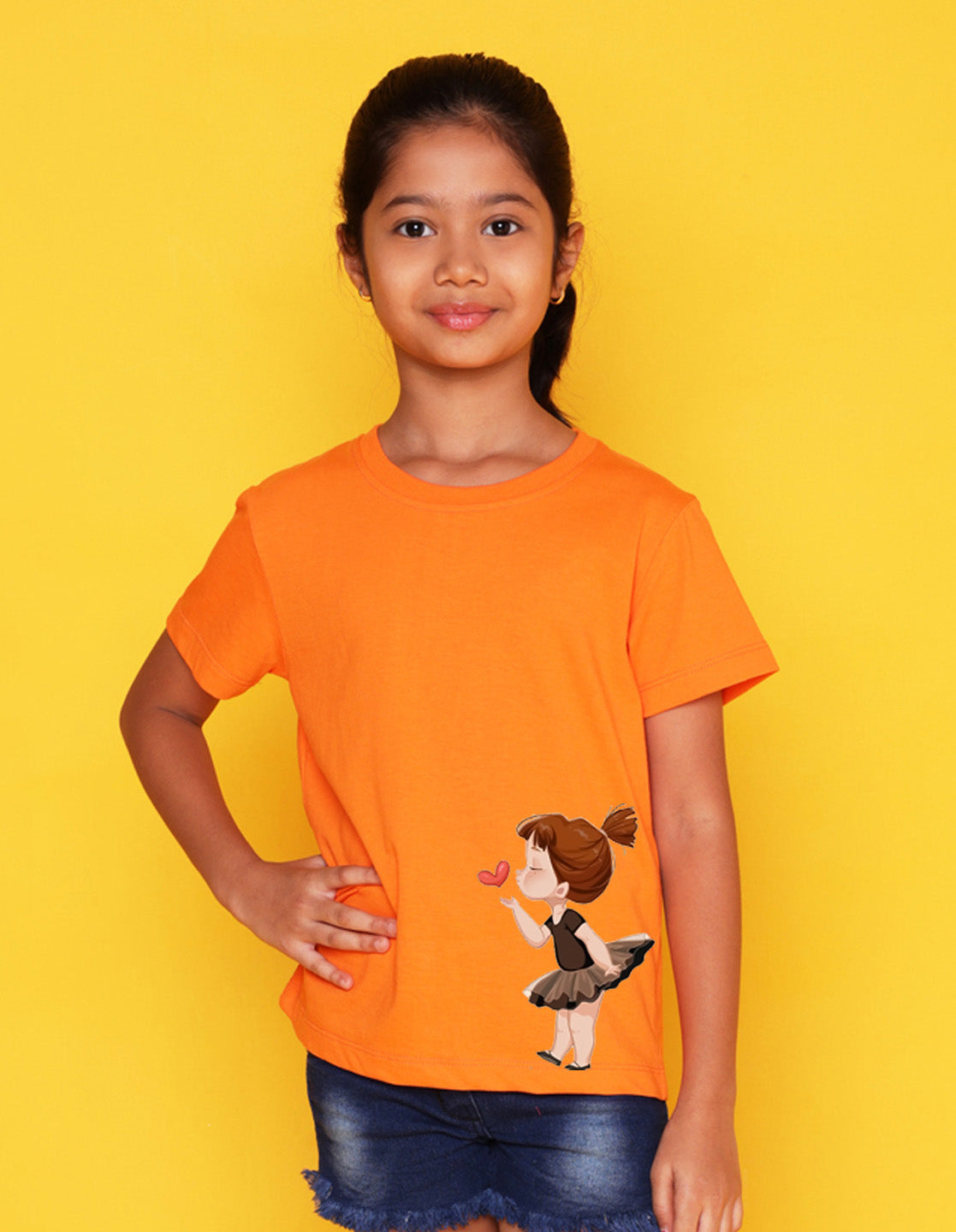 Nusyl Girls Orange Pretty Girl Printed Half Sleeves T-Shirt
