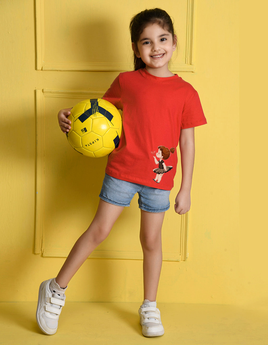 NUSYL Girls Red Cute Girl & Heart Printed Half sleeve t-Shirt