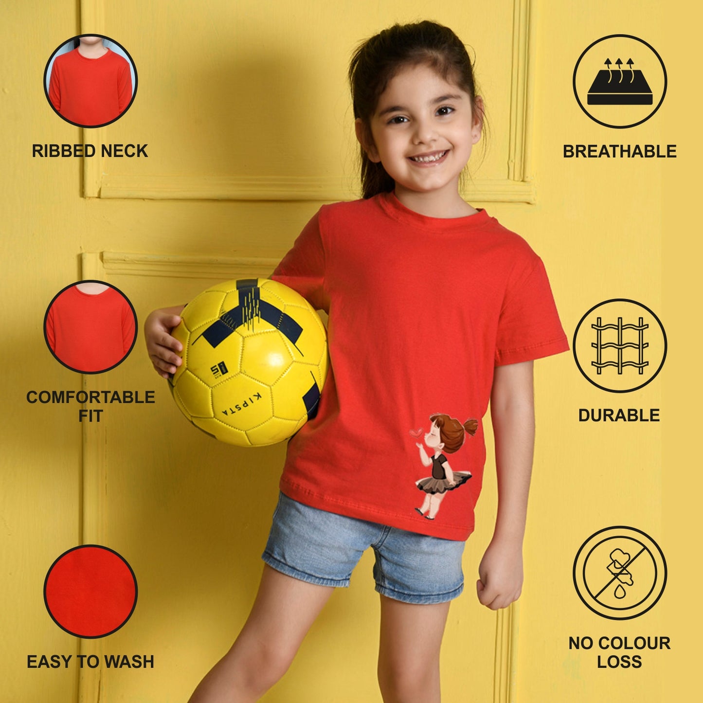 NUSYL Girls Red Cute Girl & Heart Printed Half sleeve t-Shirt