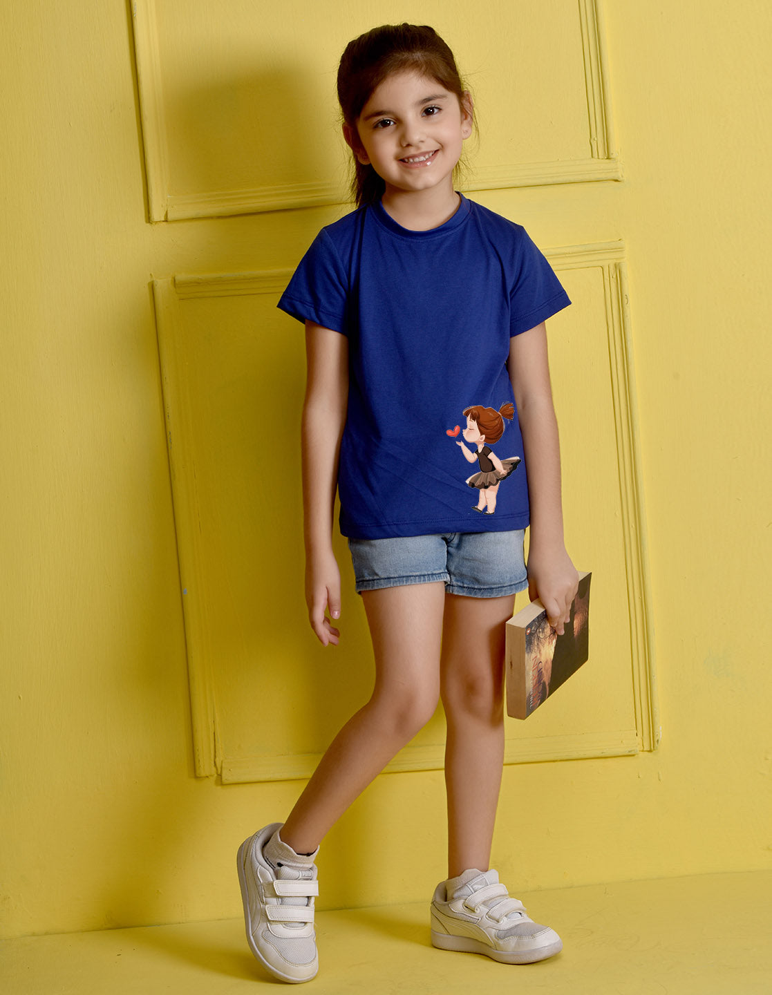 NUSYL Girls Royal Blue Cute Girl & Heart Printed Half sleeve t-Shirt
