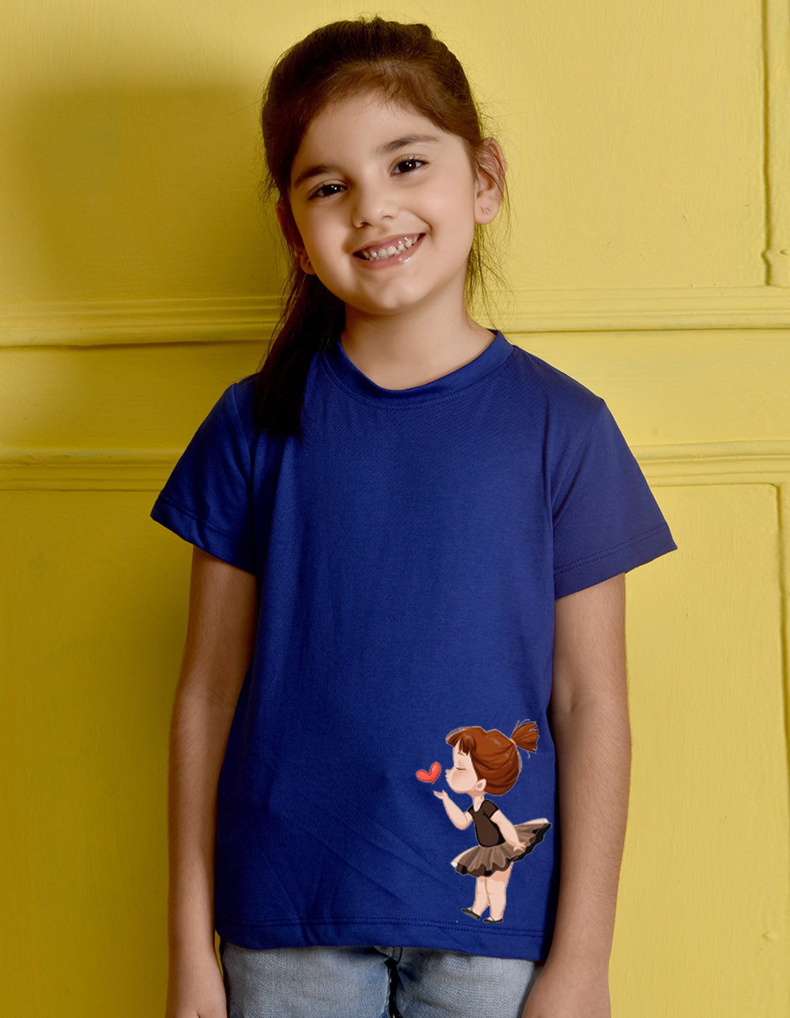 NUSYL Girls Royal Blue Cute Girl & Heart Printed Half sleeve t-Shirt