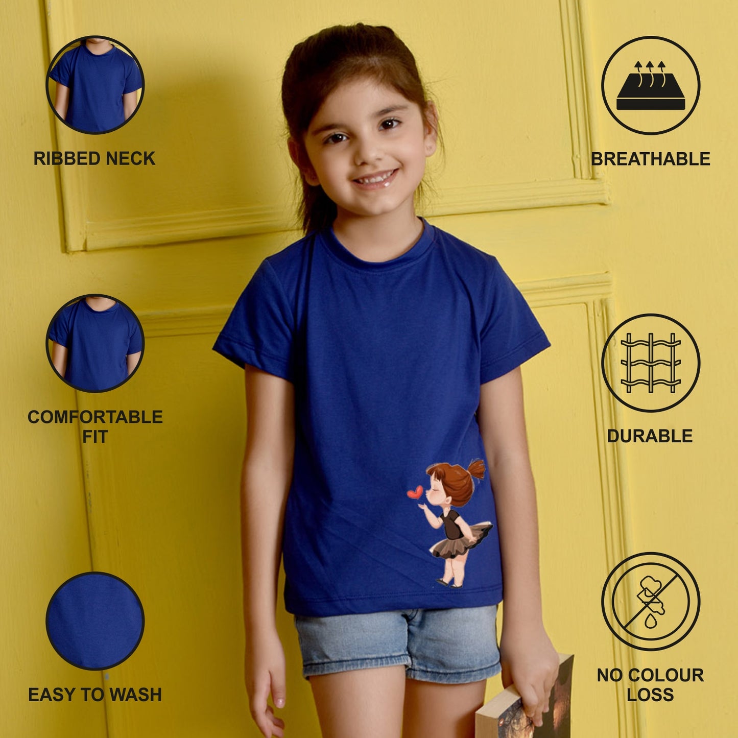 NUSYL Girls Royal Blue Cute Girl & Heart Printed Half sleeve t-Shirt