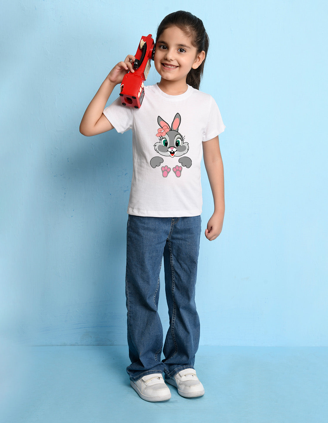 Nusyl Girls White Rabbit Printed Half Sleeves T-Shirt