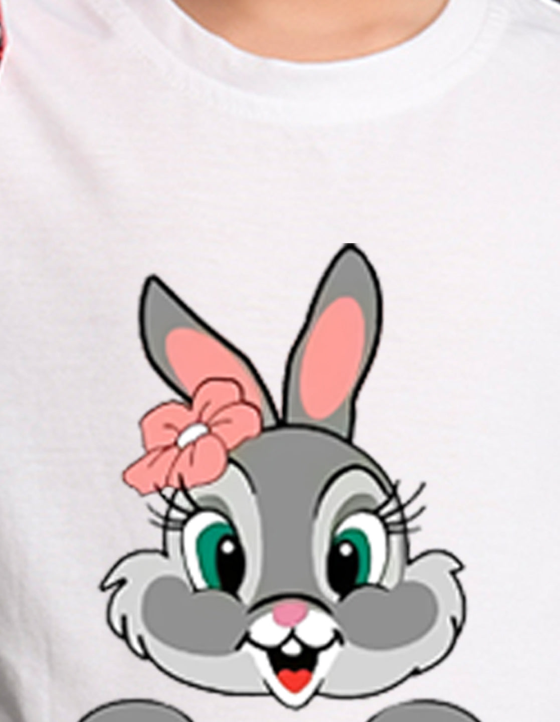 Nusyl Girls White Rabbit Printed Half Sleeves T-Shirt