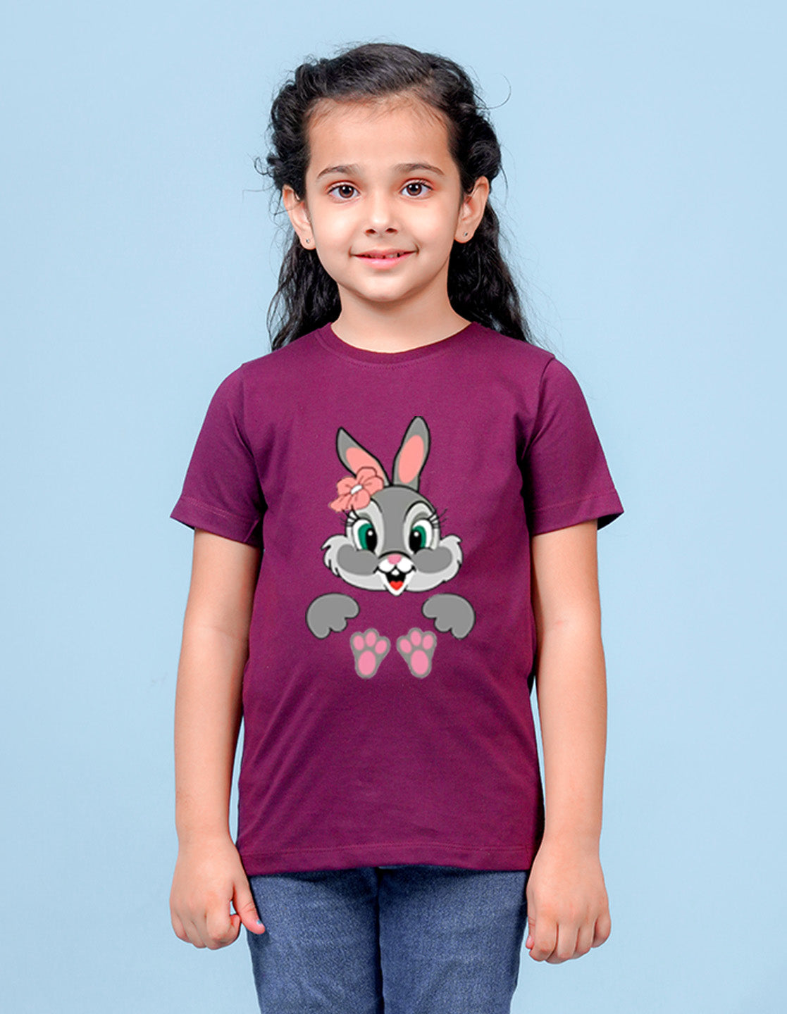 Nusyl Girls Wine Colour Rabbit Printed T-Shirt