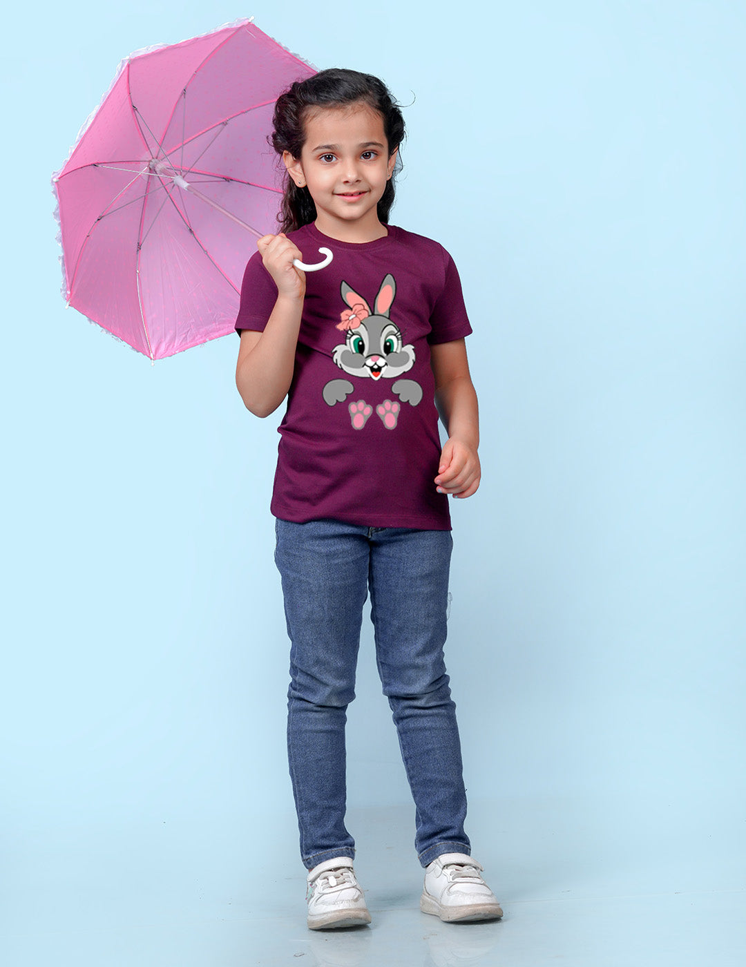 Nusyl Girls Wine Colour Rabbit Printed T-Shirt