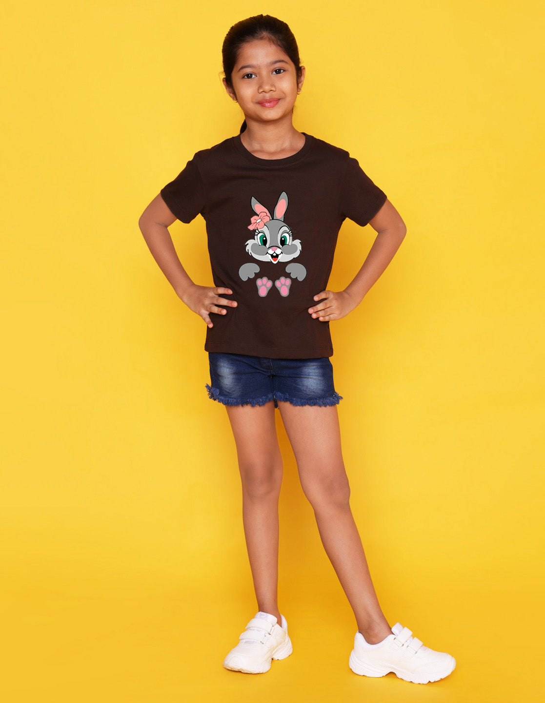 Nusyl Girls Brown Rabbit Printed Half Sleeves T-Shirt