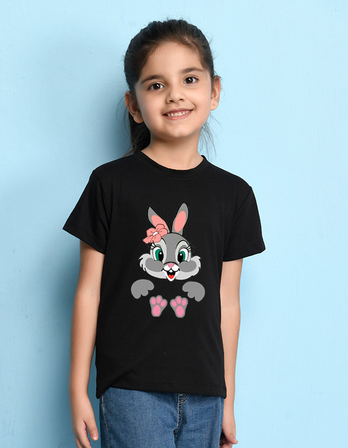 Nusyl Girls Black Rabbit Printed Half Sleeves T-Shirt