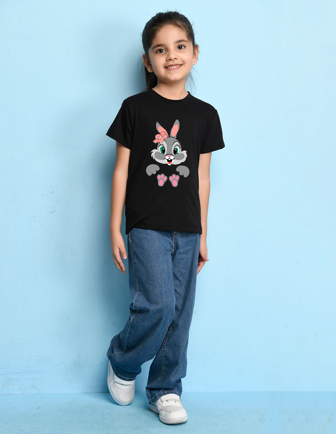 Nusyl Girls Black Rabbit Printed Half Sleeves T-Shirt