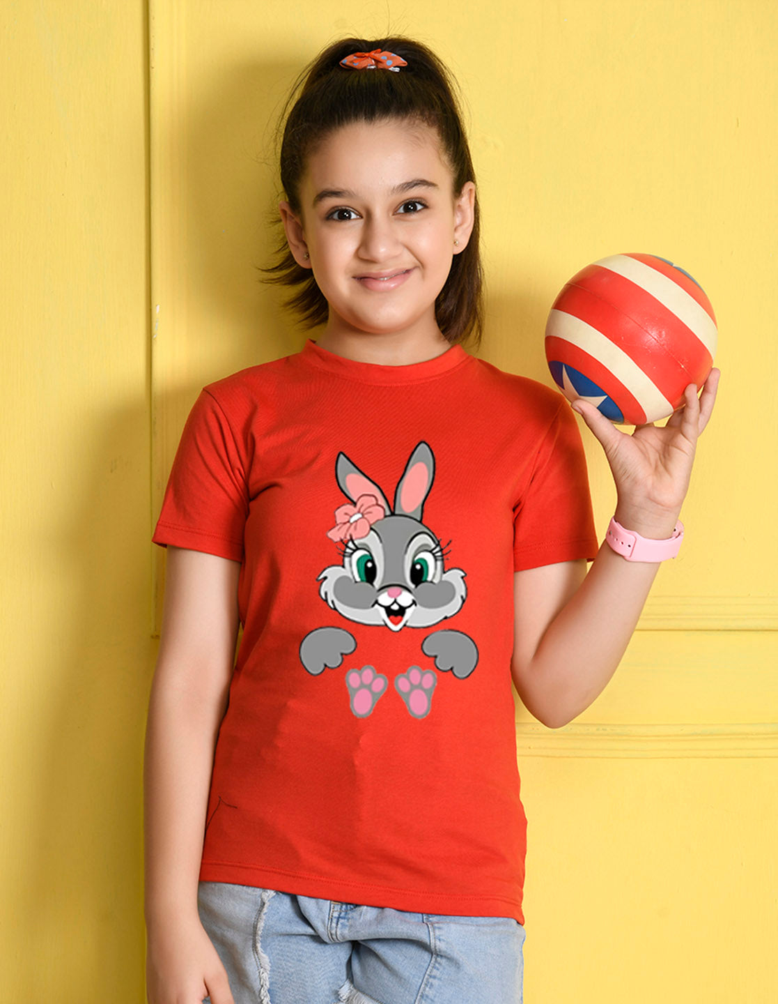 NUSYL Girls Red Rabbit Printed Half sleeve t-Shirt