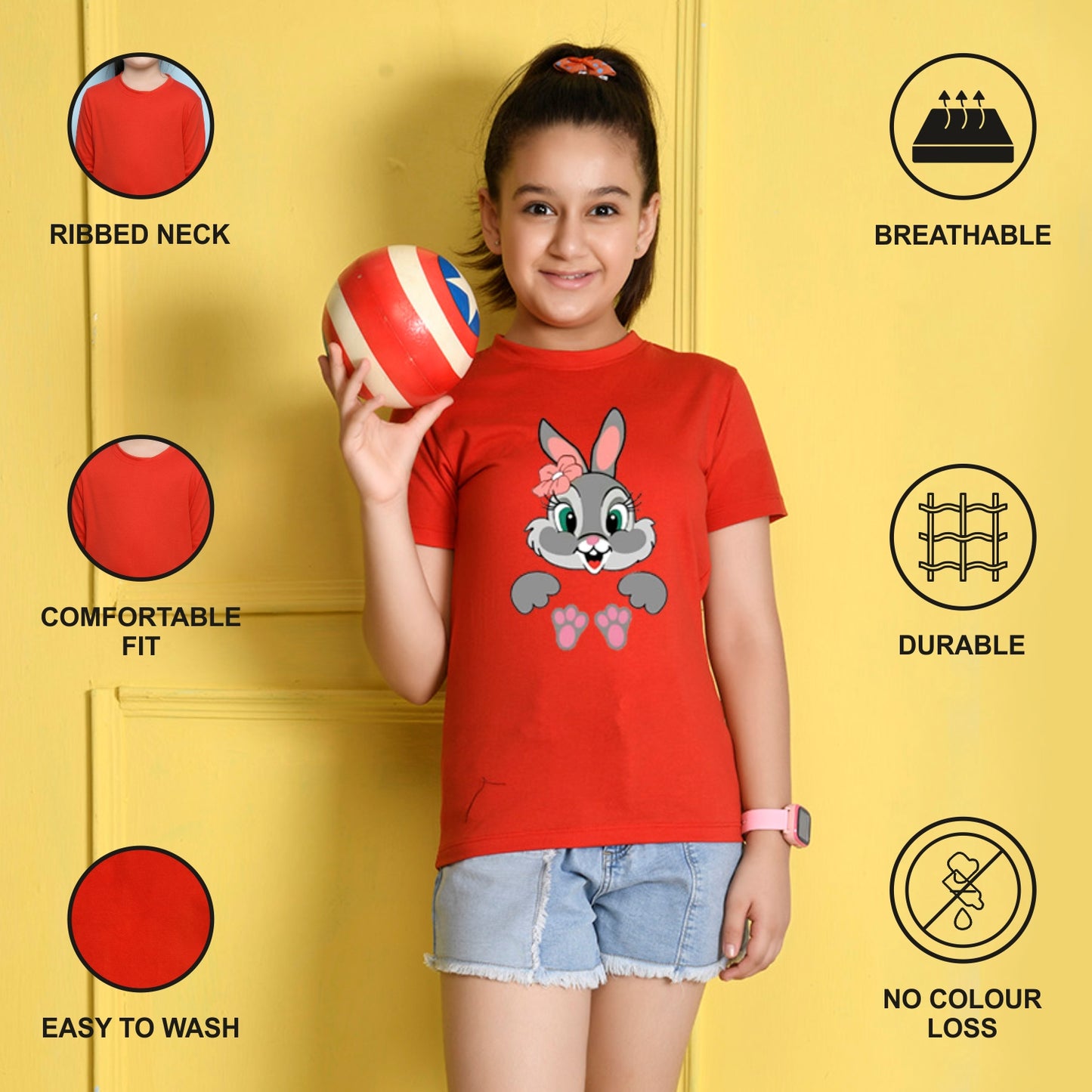 NUSYL Girls Red Rabbit Printed Half sleeve t-Shirt