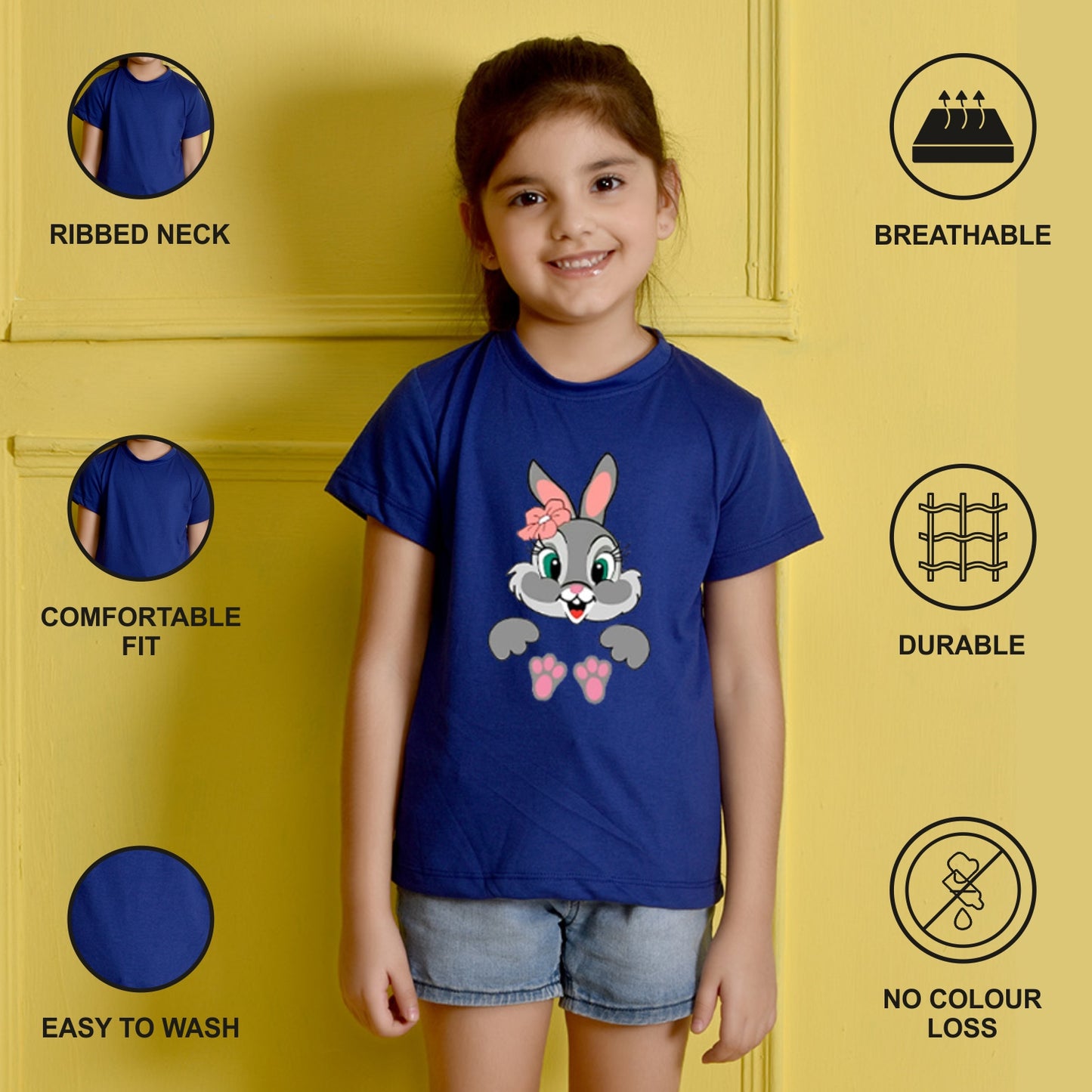 NUSYL Girls Royal Blue Rabbit Printed Half sleeve t-Shirt