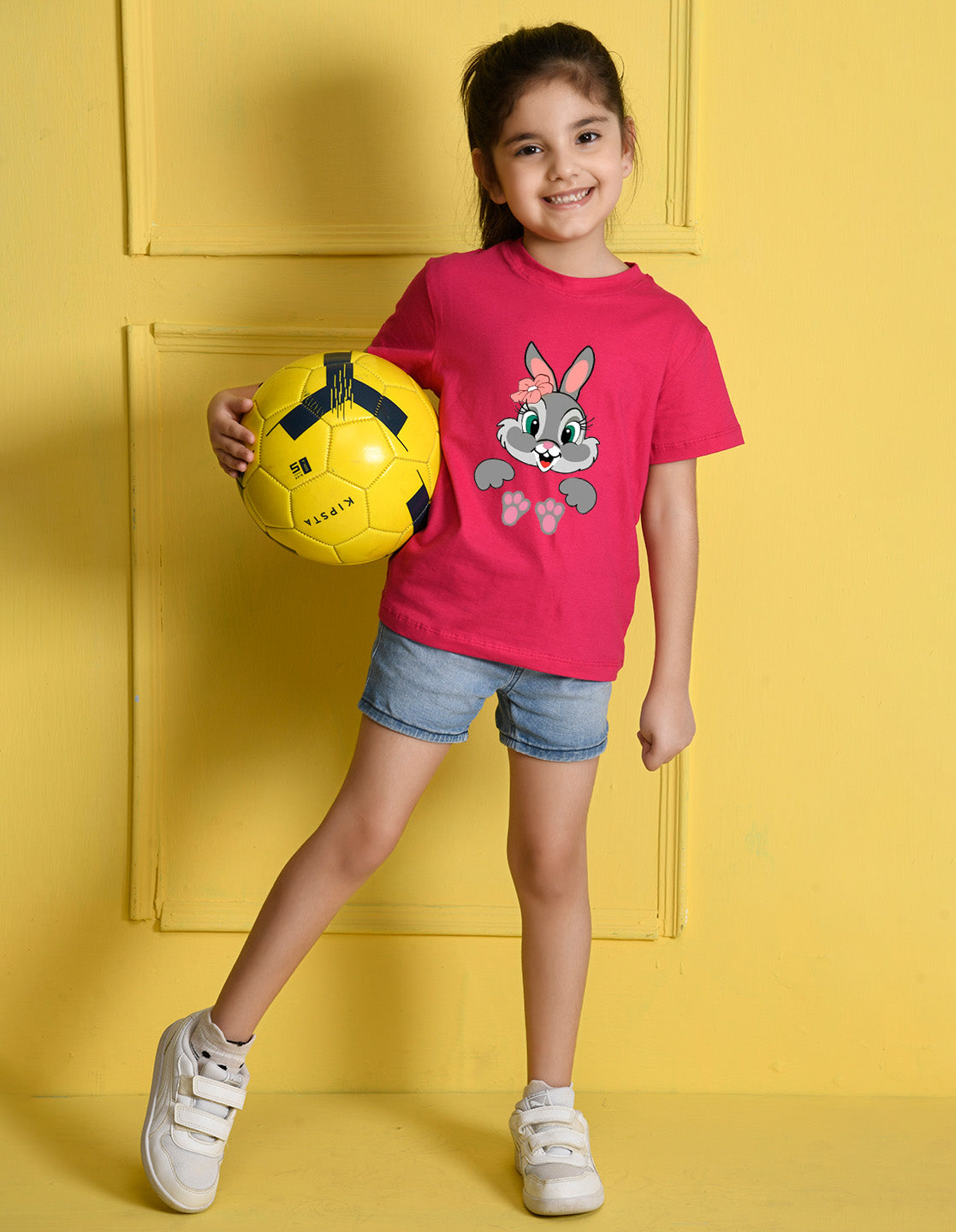 Nusyl Girls Hot Pink Rabbit Printed Half Sleeves T-Shirt