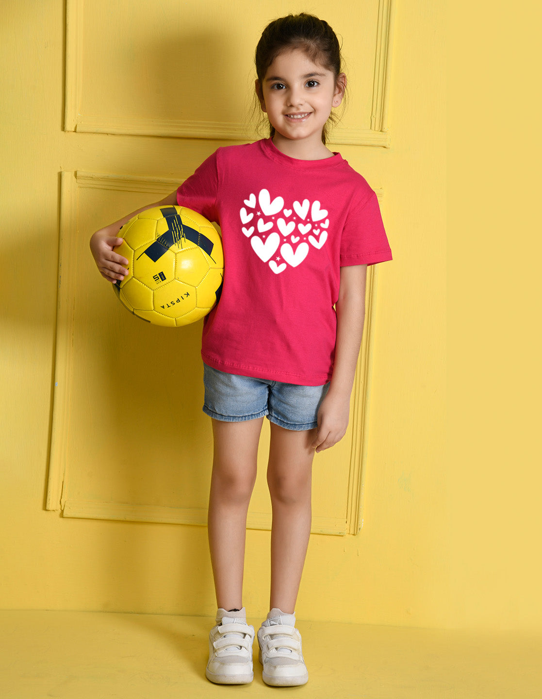 Nusyl Girls Hot Pink Heart Printed Has a Round Neck Short sleeve T-Shirts