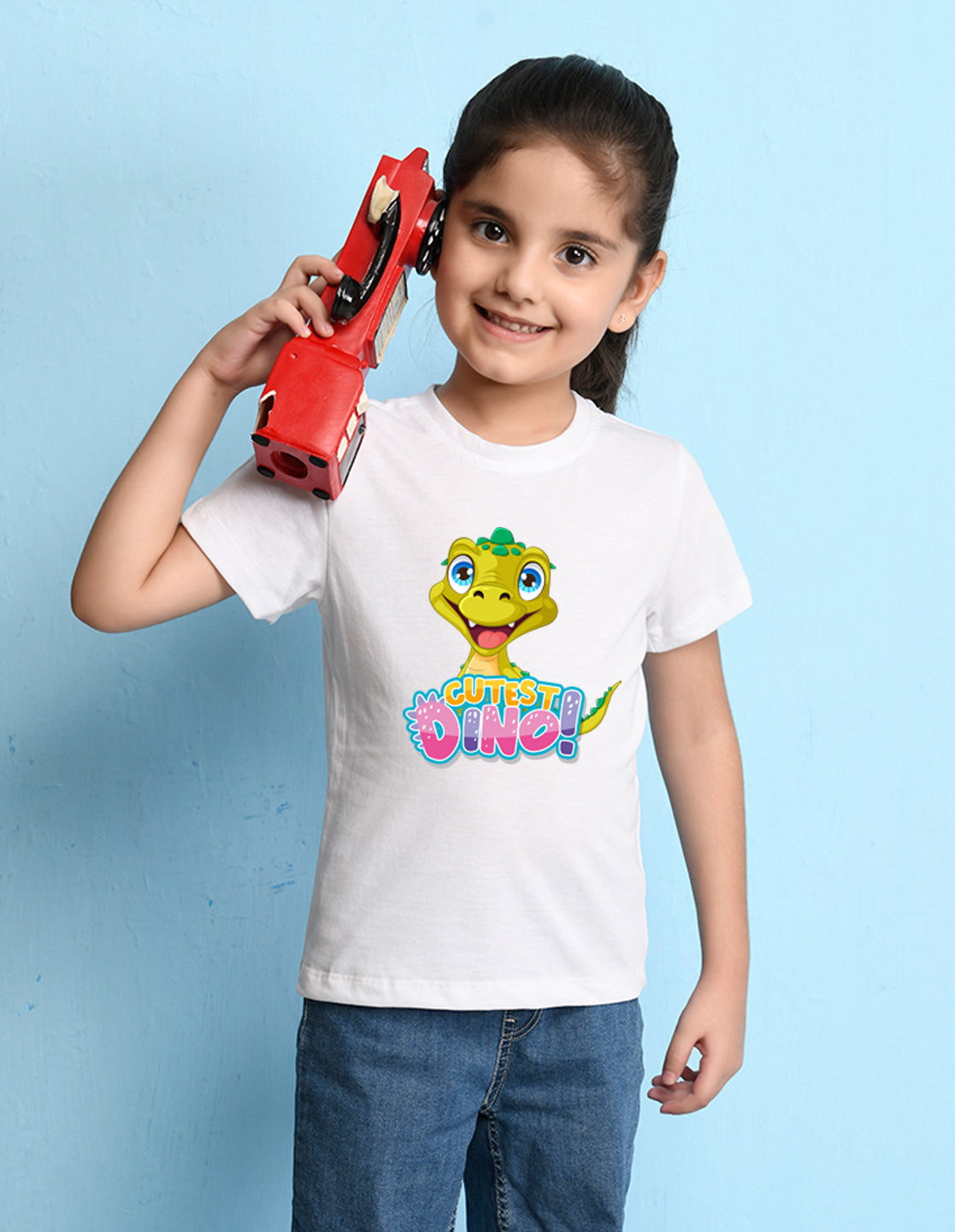 Nusyl Girls White Text & Dinosaur Printed Cotton Half Sleeve Regular Fit T-Shirts for Girls