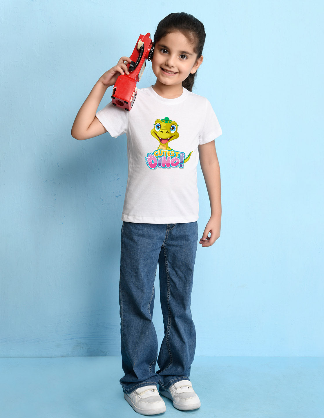 Nusyl Girls White Text & Dinosaur Printed Cotton Half Sleeve Regular Fit T-Shirts for Girls