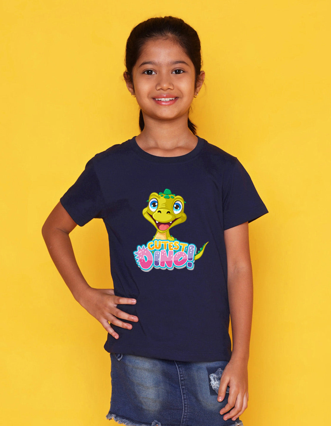 Nusyl Girls Navy Blue Text & Dinosaur Printed Cotton Half Sleeve Regular Fit T-Shirts for Girls