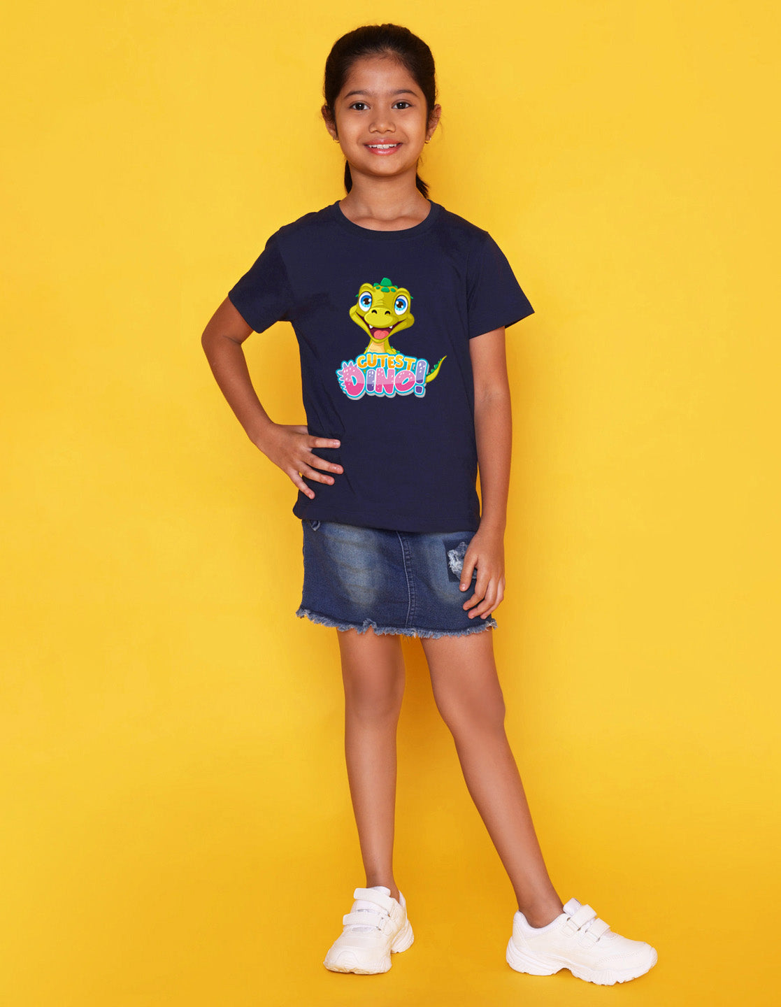 Nusyl Girls Navy Blue Text & Dinosaur Printed Cotton Half Sleeve Regular Fit T-Shirts for Girls