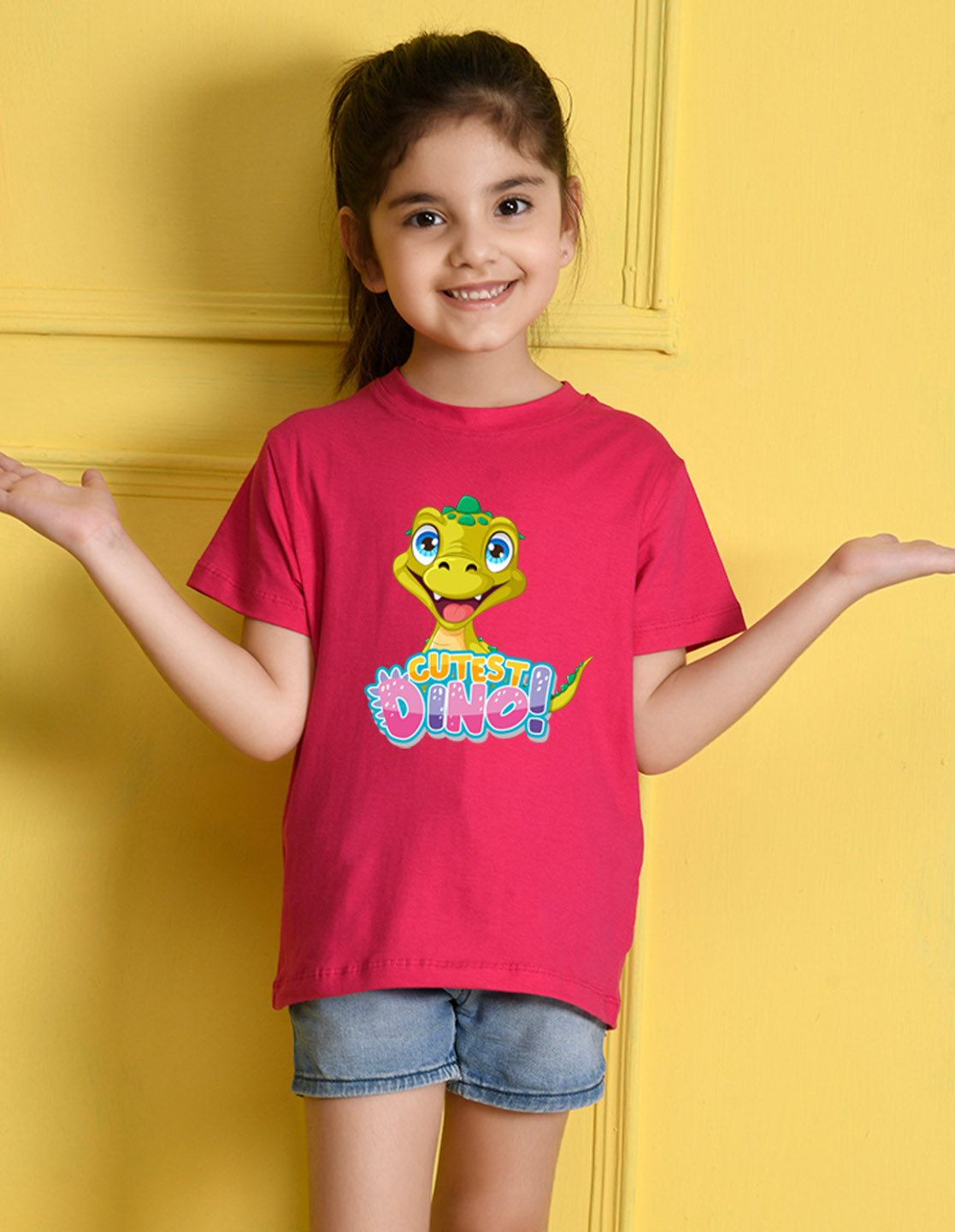 Nusyl Girls Hot Pink Text & Dinosaur Printed Cotton Half Sleeve Regular Fit T-Shirts for Girls