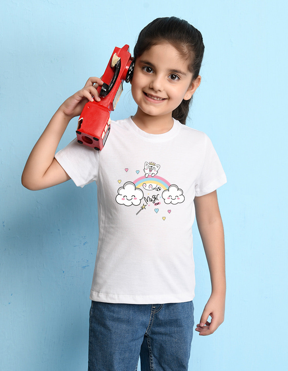 Nusyl Girls White Cat & Rainbow Printed Cotton Half Sleeve Regular Fit T-Shirts for Girls