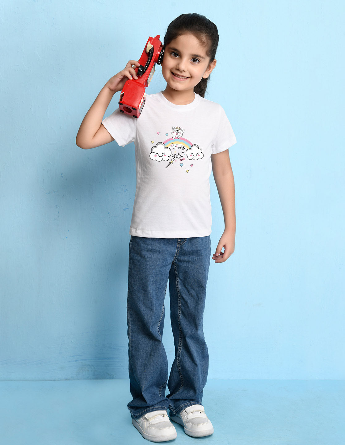 Nusyl Girls White Cat & Rainbow Printed Cotton Half Sleeve Regular Fit T-Shirts for Girls