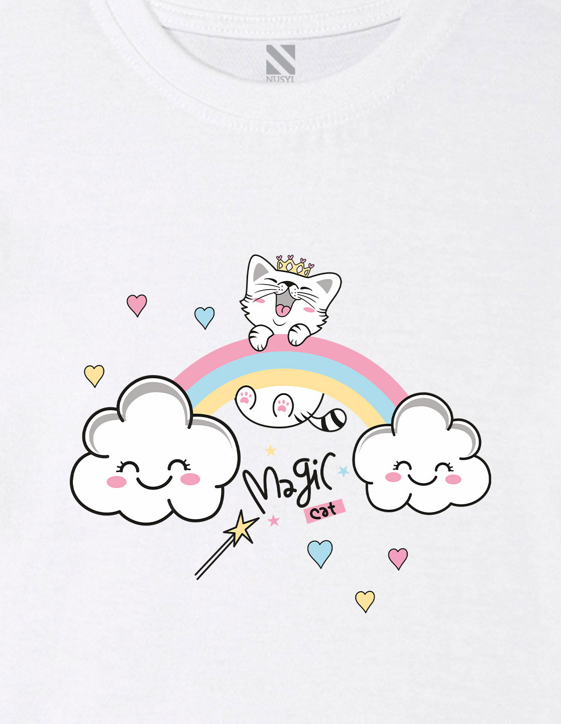 Nusyl Girls White Cat & Rainbow Printed Cotton Half Sleeve Regular Fit T-Shirts for Girls