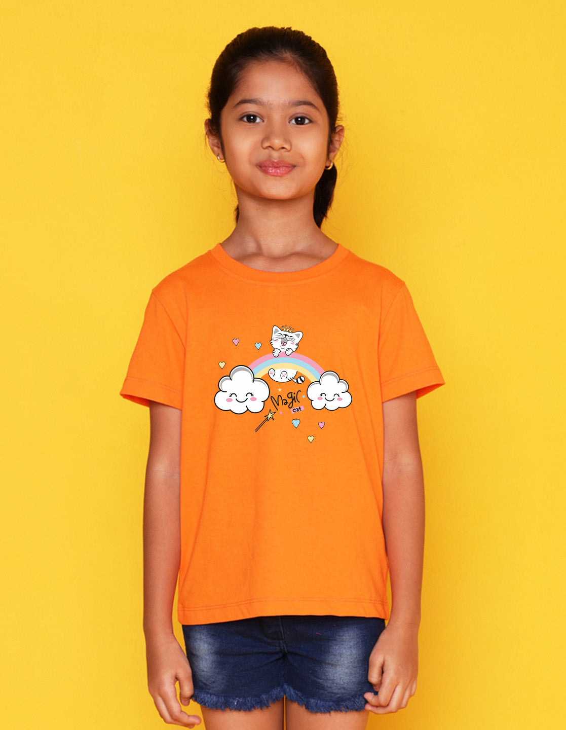 Nusyl Girls Orange Cat & Rainbow Printed Cotton Half Sleeve Regular Fit T-Shirts for Girls