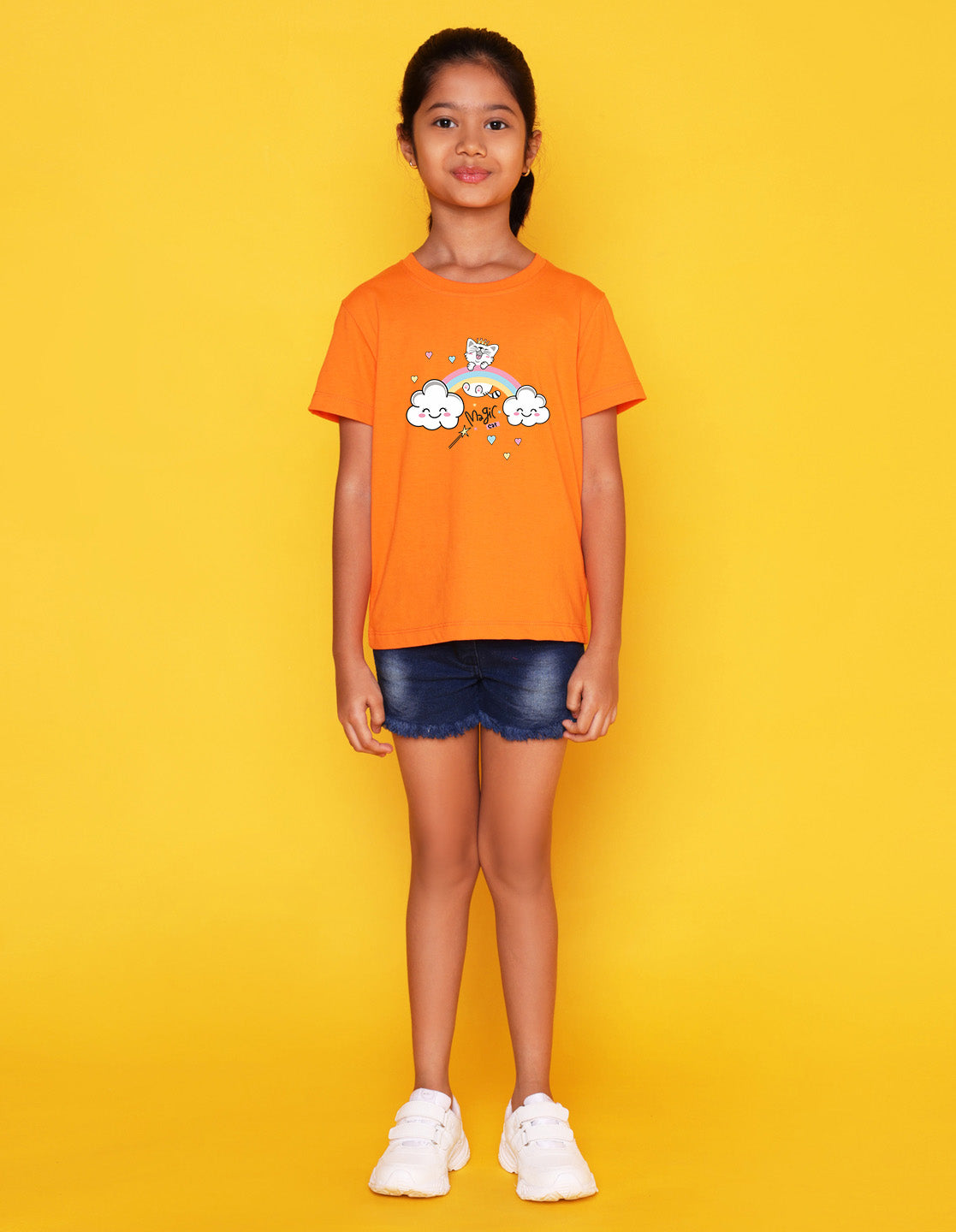 Nusyl Girls Orange Cat & Rainbow Printed Cotton Half Sleeve Regular Fit T-Shirts for Girls