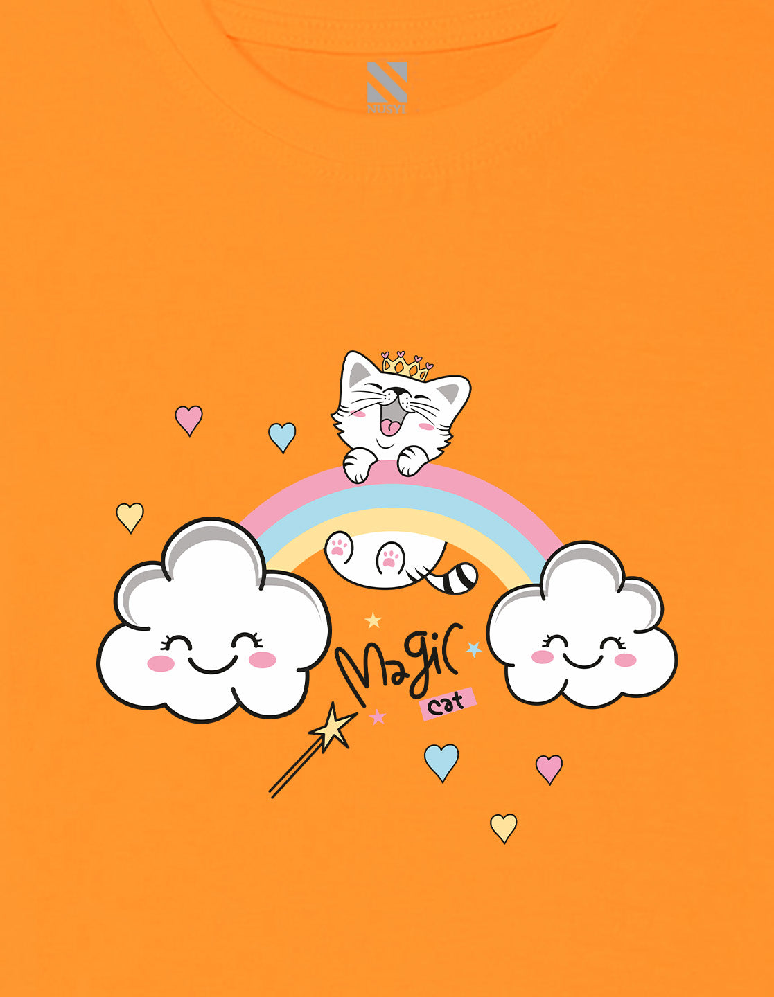 Nusyl Girls Orange Cat & Rainbow Printed Cotton Half Sleeve Regular Fit T-Shirts for Girls