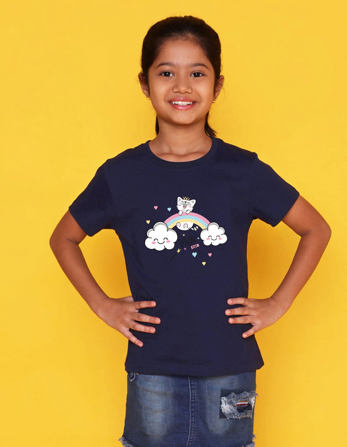Nusyl Girls Navy Blue Cat & Rainbow Printed Cotton Half Sleeve Regular Fit T-Shirts for Girls