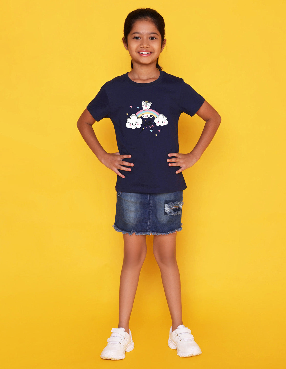 Nusyl Girls Navy Blue Cat & Rainbow Printed Cotton Half Sleeve Regular Fit T-Shirts for Girls